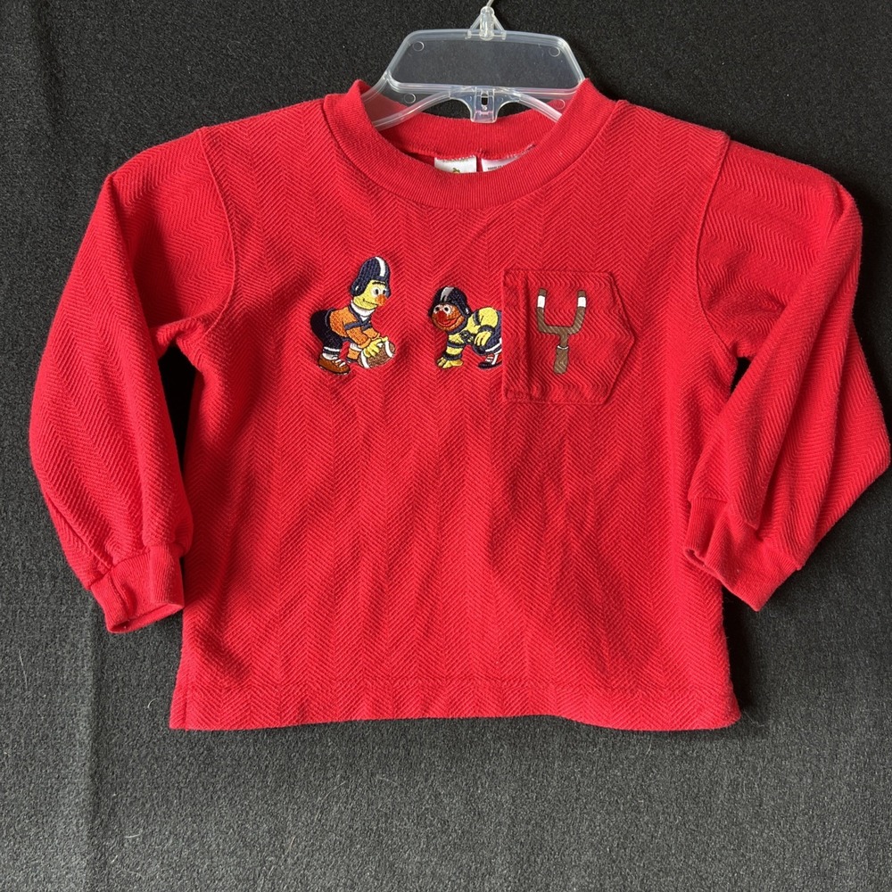 Vintage Sesame Street 3T Ernie & Bert Embroidered Football Long Sleeve Red Shirt